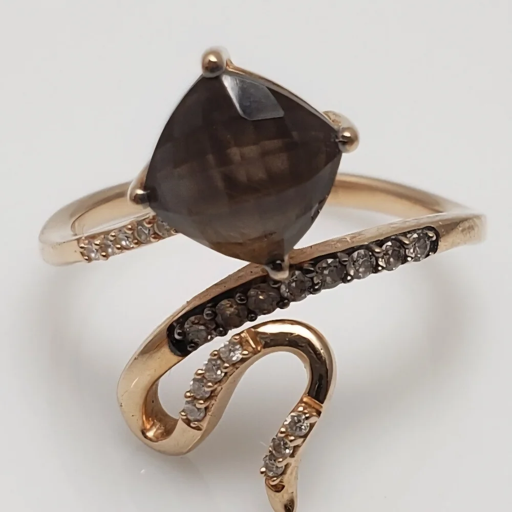 LeVian solid 14k genuine STRAWBERY GOLD/white diamonds/chocolate quartz ring - Picture 1 of 6